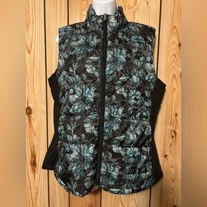 Zelos Women's Size L Lightweight Puffer Vest Packable Travel Black Teal Floral